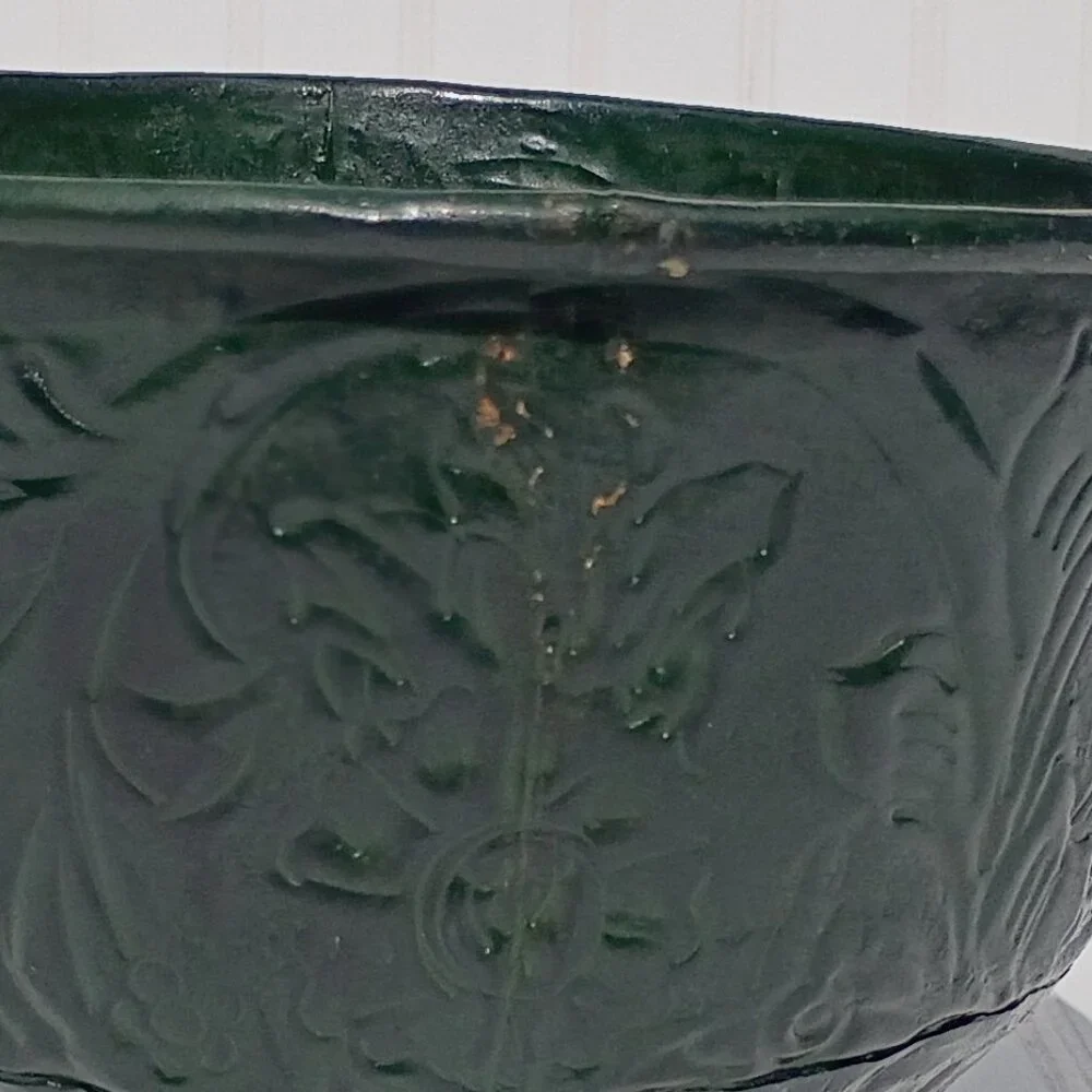 Vintage Floral Embossed Green Metal Oval Planter Cast Brass Pedestal Bowl MCM